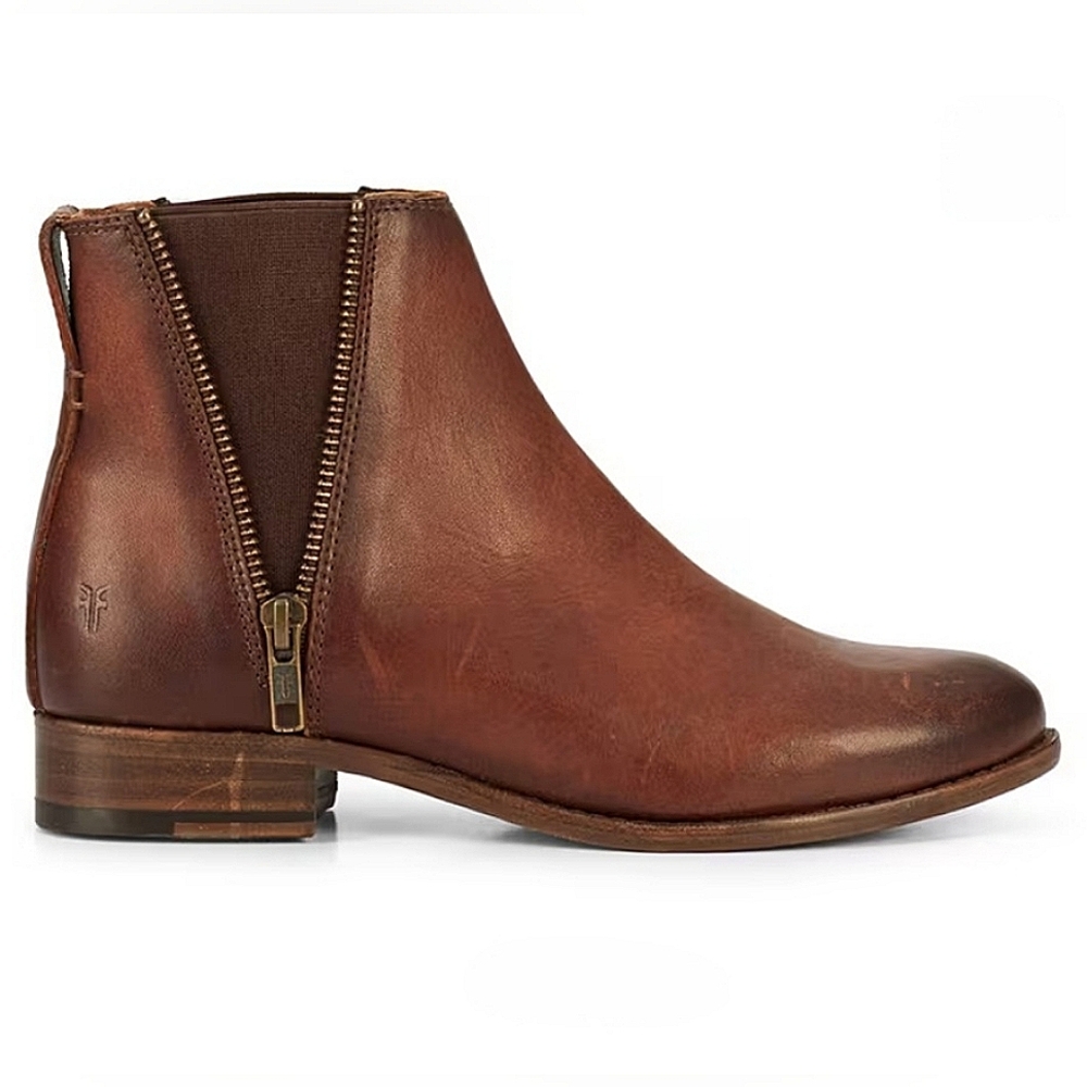 FRYE "Carly Chelsea" Cognac Double Zip Leather Ankle Bootie | Women's Size 6B